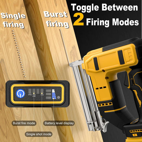 No Sweat Battery Powered 18 Gauge Cordless Brad Nailer with 1000 Brads showing firing modes on battery level display.