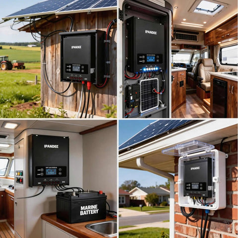 60 Amp MPPT Solar Charge Controller With 200V Max Input installed in various real-world RV and outdoor setups