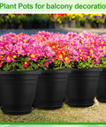 12 Pack 12 Inch Round Plastic Plant Pots With Saucers For Indoor Outdoor Use filled with pink flowers on a lawn