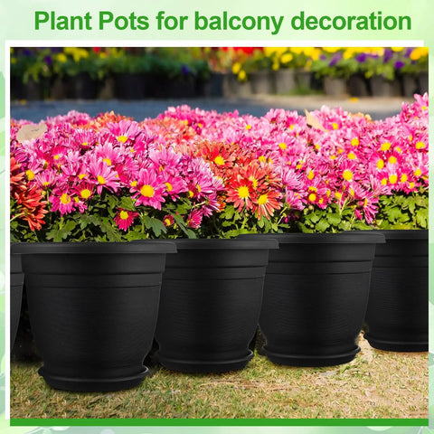 12 Pack 12 Inch Round Plastic Plant Pots With Saucers For Indoor Outdoor Use filled with pink flowers on a lawn