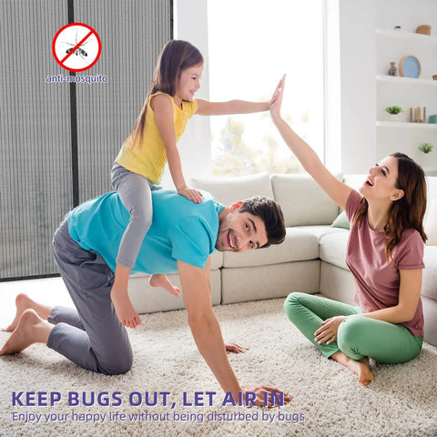 Family playing in living room with Heavy Duty Magnetic Screen Door 72x80 Self Sealing Hands Free Mesh in background.