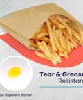Greaseproof Paper Sandwich Bags 200 Pack 7 By 6 By 1 Inches Unbleached Brown holding fries showing tear resistance
