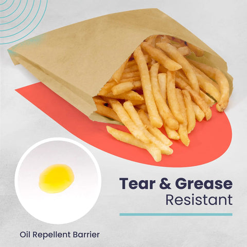 Greaseproof Paper Sandwich Bags 200 Pack 7 By 6 By 1 Inches Unbleached Brown holding fries showing tear resistance