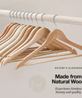 Wooden Coat Hangers 30 Pack Natural Wood Heavy Duty Non Slip For Shirts Jackets Pants Suits With Chrome Swivel Hook displayed