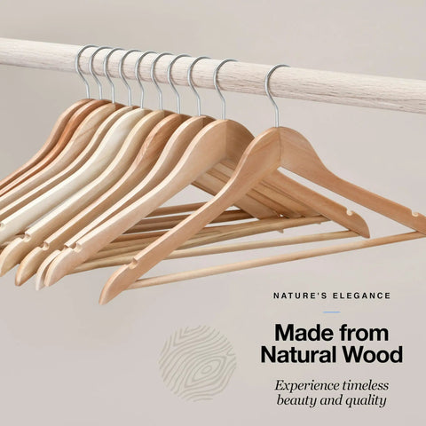 Wooden Coat Hangers 30 Pack Natural Wood Heavy Duty Non Slip For Shirts Jackets Pants Suits With Chrome Swivel Hook displayed