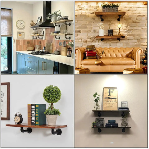 Heavy Duty 3/4 Inch Iron L Pipe Shelf Brackets For Wood Shelves Wall Mount Floating Shelving Black Finish, set of 4 installed in various rooms