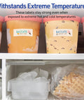 Hella Tough Waterproof Mailing Labels 1 X 2 5/8 Inches White on ice cream containers highlighting temperature resistance.