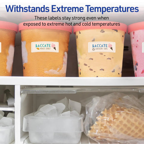 Hella Tough Waterproof Mailing Labels 1 X 2 5/8 Inches White on ice cream containers highlighting temperature resistance.