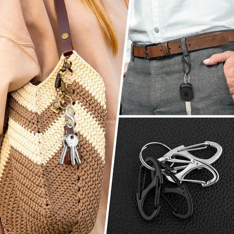 9Pcs Zipper Clip Theft Deterrents With Double Opening Lock Zipper Pulls attached to bag, pants, and close-up display.