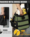 Person holding green Heavy Duty Tool Bag 15 Inch With 16 Pocket Portable Tool Box Organizer for Big Capacity Storage.