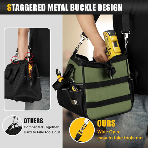 Person holding green Heavy Duty Tool Bag 15 Inch With 16 Pocket Portable Tool Box Organizer for Big Capacity Storage.