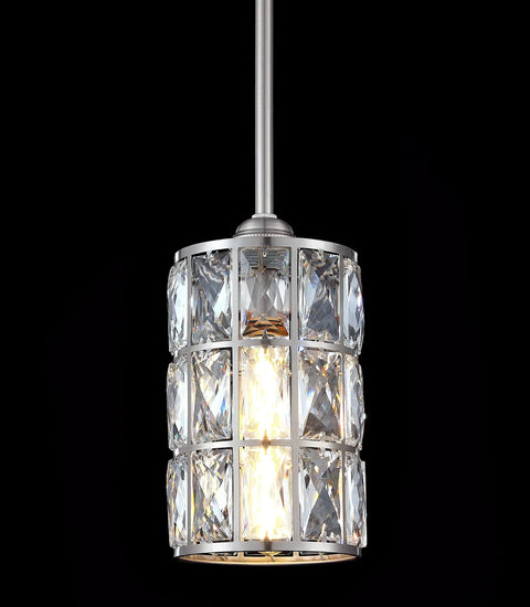 Close-up of a Three Pack 5 Inch Crystal Pendant Lights For Kitchen Island Bar Brushed Nickel Finish Modern Hanging Light Fixture With Crystal Shade Dimmable