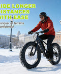 Person riding a fat bike in snow with 2 Pack Fat Tire Liners For Fat Bikes And E Bike Tires 110mm Wide TPU Puncture Proof Inserts