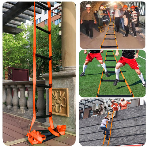 Collage of 9.8 Feet Fire Escape Rope Ladder in use for home emergencies, outdoor training, and building evacuation