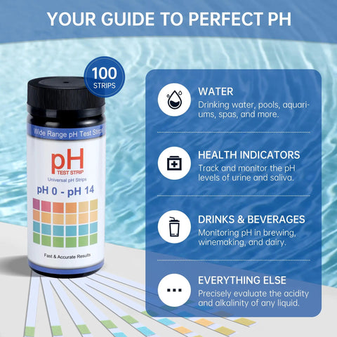 pH Test Strips 0 to 14, 100 Universal Litmus Paper bottle with usage guide for liquid water food urine and saliva testing