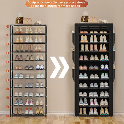 Tall Black 10 Tier Shoe Rack With Six Large Side Pockets 23.6 Inch Wide 11.4 Inch Deep 68.9 Inch Tall Holds 36 To 41 Pairs Of Shoes Ideal Entryway Or Closet Organizer showing different configurations side by side.