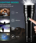 Ultra Bright Black Flashlight For Home, Outdoors And Emergency Use showing light modes with easy toggle switch