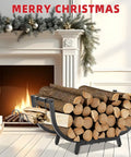 30 Inch Firewood Rack For Indoor And Outdoor Use Beefy Heavy Duty Steel Frame Log Holder by a festive fireplace