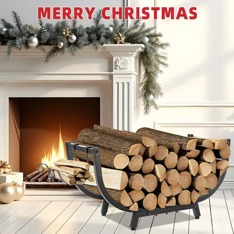 30 Inch Firewood Rack For Indoor And Outdoor Use Beefy Heavy Duty Steel Frame Log Holder by a festive fireplace