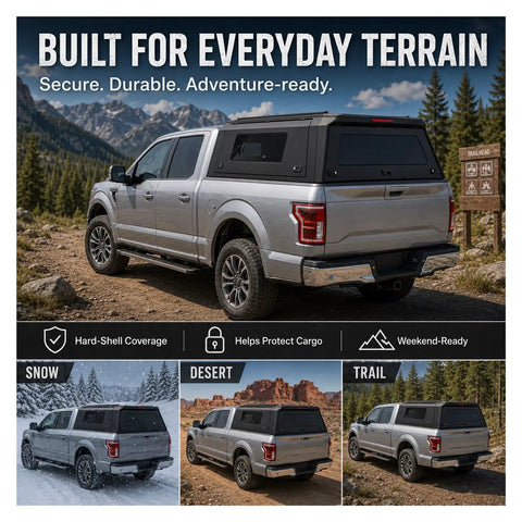 Lockable Truck Bed Cap For Dodge Ram 1500 2020 To 2026 With 6.4 Foot Bed on silver truck in outdoor terrain with mountains.