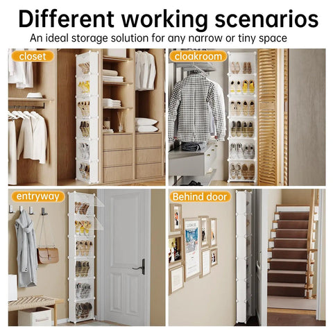 Image showcasing 6 Tier Slim Shoe Storage Rack For Small Spaces Space Saver Narrow Shoes Organizer Hidden Closet Shelf Behind Door Entryway White Tall Wall Mount Keeps Boots And Sneakers Neatly Stored And Ready To Wear in various home settings.