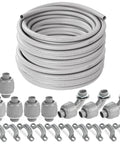Half Inch Flexible Liquid Tight PVC Electrical Conduit Kit For Outdoor Use, 100 Feet Non Metallic Grey with couplings, elbows, straps.