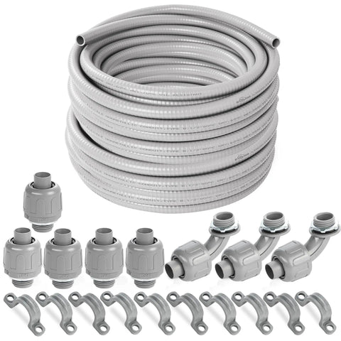 Half Inch Flexible Liquid Tight PVC Electrical Conduit Kit For Outdoor Use, 100 Feet Non Metallic Grey with couplings, elbows, straps.