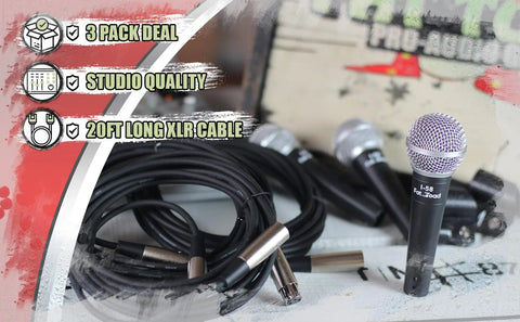Close-up of a Live Performance Ready Cardioid Dynamic Microphone 3 Pack With Clips And 20 Foot XLR Cables on a table.