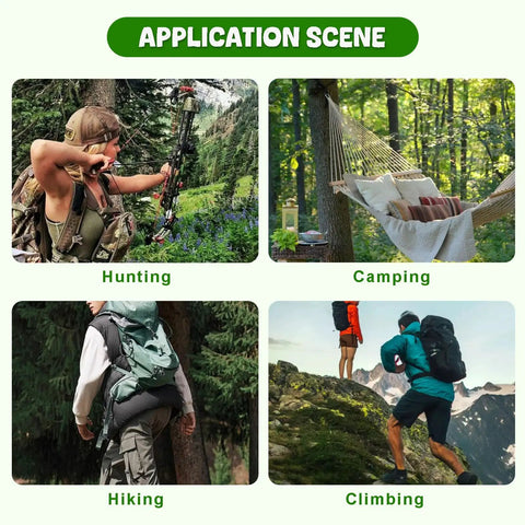 Four images showing application scenes: hunting, camping, hiking, climbing with 8 In 1 Strap Hangers Kit With Bow Hanger And Multi Hook Gear.