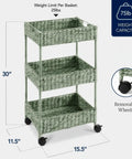 Three-Tier Water Hyacinth Rolling Caddy With Wheels For Laundry Room Bathroom Craft Room And More in sage with removable wheels.