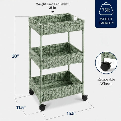 Three-Tier Water Hyacinth Rolling Caddy With Wheels For Laundry Room Bathroom Craft Room And More in sage with removable wheels.