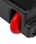 Close-up of the red inline wheel on the Hella Rugged Roto Molded Drum Hardware Case With Retractable Pull Handle And Inline Wheels.