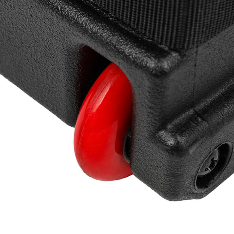 Close-up of the red inline wheel on the Hella Rugged Roto Molded Drum Hardware Case With Retractable Pull Handle And Inline Wheels.