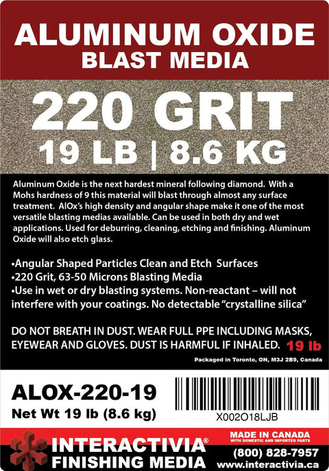 220 Grit Aluminum Oxide Abrasive Media For Sand Blasting Cabinets And Guns, 19 lbs, packaging label