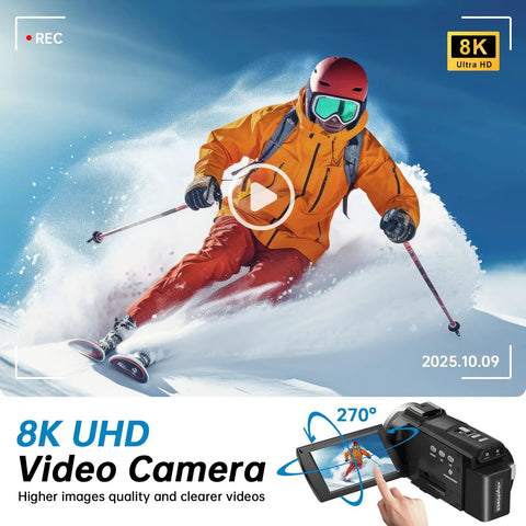 Dope 8K Camcorder With 88MP Ultra HD Video, WiFi Vlogging Camera For YouTube capturing skier action shot