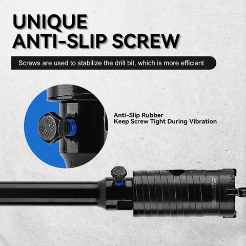 Unique anti-slip screw feature for Heavy Duty 73mm Concrete Hole Saw With 220mm SDS Plus Shank and 2-7/8 Inch Diameter.