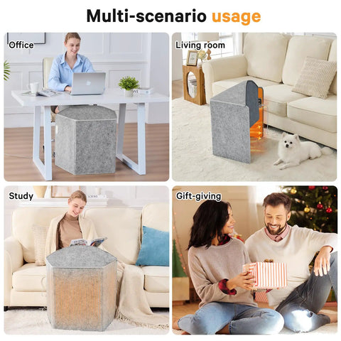 Under Desk Foot And Leg Warmer Space Heater Portable Quiet Personal Heater for Home Office Indoor Use shown in various scenarios