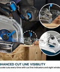 6 1/2 Inch Cordless Circular Saw With Kickass Cold Cut Design For Spark Free Steel Slicing, close-up of cut line indicators.