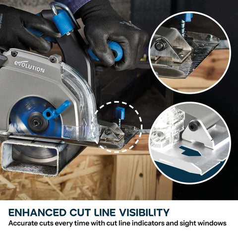 6 1/2 Inch Cordless Circular Saw With Kickass Cold Cut Design For Spark Free Steel Slicing, close-up of cut line indicators.