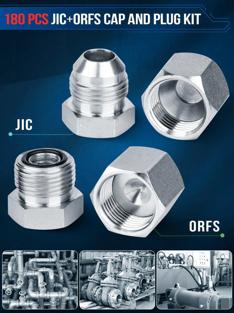 Beefy Pro Grade Industrial Hydraulic Cap And Plug Kit For JIC And ORFS Fittings 180 Piece Set With Precision Threading, shown in detail.