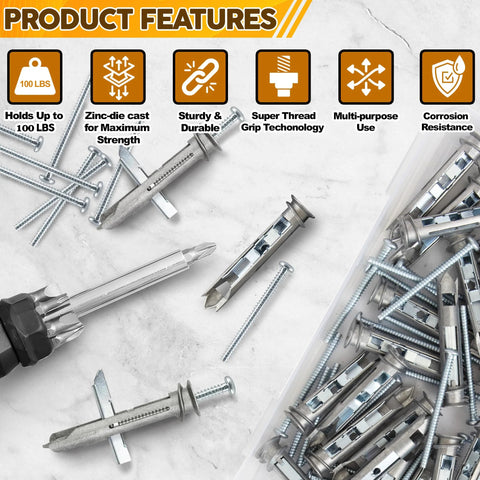 Heavy Duty Drywall Anchors With Self Drilling EZ Toggle Anchors And Screws Size 8, zinc construction, 10 pack shown with drill