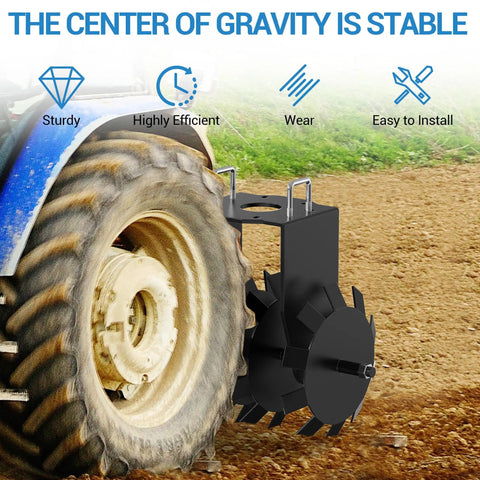32 Inch Heavy Duty Disc Plow Harrow Two Pack For ATV UTV Tow Behind With 2 Inch Hitch Adjustable Depth shown on tractor wheel