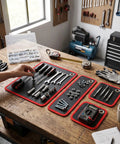 Flexible PVC Magnetic Tool Mat Set In Four Sizes 40 Lb Holding Force Non Slip Tool Tray Pads With Hanging Hole For Automotive Maintenance And Garage Workshops Keeps Screws And Wrenches From Rolling, organized on workbench