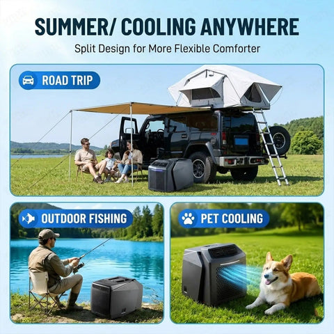 Dope Portable AC For Camping And RV 6200 BTU Windowless Cooler set up near a tent and family relaxing outdoors.