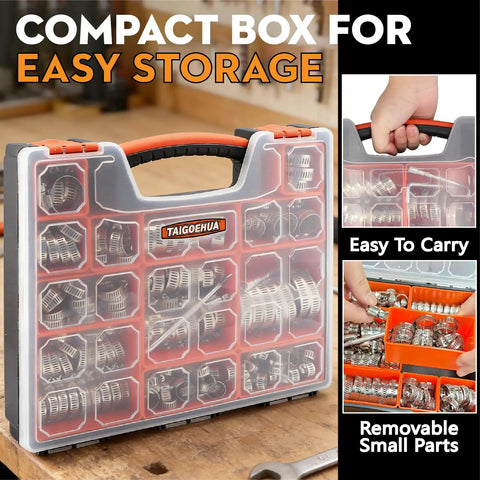 210 Piece Hose Clamp Kit With Eight Sizes From 6 To 51mm Stainless Steel Worm Gear Clamps Heavy Duty Automotive Radiator And Fuel Line Set Includes Two Tools For Quick Tight Seals in a compact storage case.