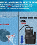 Powerful Submersible Utility Pump 1/6 HP 1370 GPH Portable Drain Pump shown with water intake feature and low suction capability