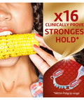 Person biting corn demonstrating the Power Max Hold Denture Adhesive Cream for Super Strong Hold and Food Seal Flavor Free 2.2 Oz Tubes Pack of 4 Clinically Proven for All Day Confidence Now.