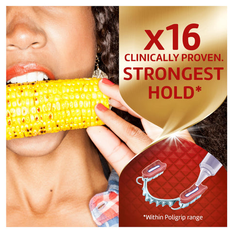 Person biting corn demonstrating the Power Max Hold Denture Adhesive Cream for Super Strong Hold and Food Seal Flavor Free 2.2 Oz Tubes Pack of 4 Clinically Proven for All Day Confidence Now.