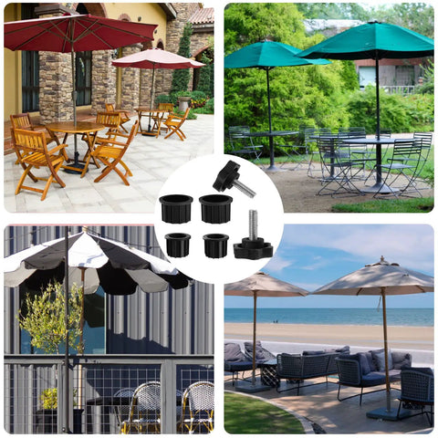 Six Piece Umbrella Base Replacement Parts Kit Includes Two 1.85 Inch Ring Plugs And Two 2 Inch Ring Plugs Plus M8 Thread Hand Knobs For Outdoor Patio Decks Backyards And Tables Black Must Have displayed with patio umbrella setups.
