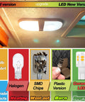 Comparison of T10 LED RV Lights showcasing upgrade from halogen and plastic to ceramic LED for Five Pack T10 LED RV Lights For Camper And Boat Easy Swap 12V 24V Back Up Interior Dome Map License Trunk Lamp Warm White 2700K 350 Lumens 2W Per Bulb Replacement Bulbs.